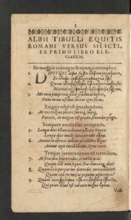 Albii Tibulli Equitis Romani Versus Selecti, Ex Primo Libro Elegiarum.