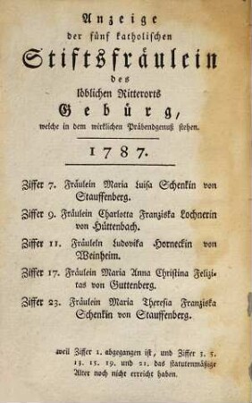 Anzeige der fünf katholischen Stiftsfräulein des löblichen Ritterorts Gebürg, welche in dem wirklichen Präbendgenuß stehen : = Anzeige der fünf evangelischen Stiftsfräulein des löblichen Ritterorts Gebürg, welche in dem wirklichen Präbendgenuß stehen