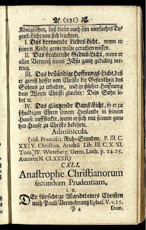 CXLI. Anastrophe Christianorum secundum Prudentiam. - CLX. Paradosis Voluntatis nostræ Voluntati divinæ.