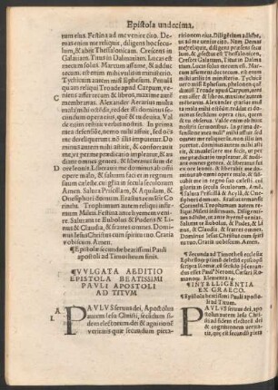 Vulgata Aeditio. Epistola Beatissimi Pauli Apostoli Ad Titum. = Intelligentia Ex Graeco. Epistola beatissimi Pauli apostoli ad Titum.