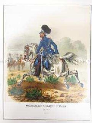 Uniformdarstellung, Adjutant des Magdeburgischen Dragoner-Regiments No. 6 zu Pferd, Preußen, 1864. Tafel 66 aus: Schindler: Militair-Album.