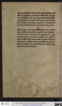 Hec sunt reverendissime pater et domine que vester humilis capellanus Johannes de Turricremata ad propleuma per magistrum Petrum Angelicum propositum vestre dominationi celeriter annotavi, que vestre reverendissime paternitatis linee et correctionum cum omni reverentia presento.