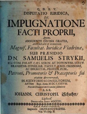 Disputatio Iuridica, De Impugnatione Facti Proprii