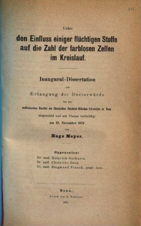 Über den Einfluss einiger flüchtigen Stoffe auf die Zahl der farblosen Zellen im Kreislauf : Inaugural-Dissertation