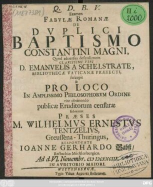 Examen Fabulae Romanae De Duplici Baptismo Constantini Magni