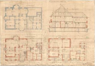 Fischer, Theodor; München - Pasing; II. Villen-Colonie: Wohnhausneubau Arthur Riemerschmid - Grundriss Keller, Grundriss EG, Grundriss OG, Längsschnitt