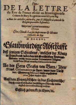 Copie de la Lettre du Roy de France éscrite au Monseign. le Comte de Bury