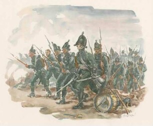 Fußjäger-Kompanie von Scharffenstein 1799, Uniform-Darstellung von Offizieren und Soldaten mit Gewehr und Dreispitzhut in Kampfstellung