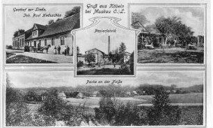 Bad Muskau-Köbeln. Ortsansichten, u.a. Papierfabrik, Ansichtskarte um 1910, Repro