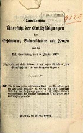 Tabellarische Übersicht der Entschädigungen für Geschworne, Sachverständige und Zeugen nach der kgl. Verordnung vom 5. Januar 1862 : (Abgedruckt auf Seite 106 - 112 des ersten Bändchens "des Strafrechtes" für des königreich Bayern.)