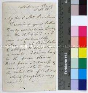 Brief des G. Morton Eden an den Maler Wilhelm Kemlein nach seiner Rückkehr aus Brüssel via Antwerpen mit dem Dampfschiff nach London betreffend Bilderangebote und -käufe sowie Anfertigung eines Spiegels (in englischer und deutscher Sprache)