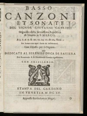 Giovanni Gabrieli: Canzoni et sonate ... a 3.5.6 ... 15 et 22 voci. Basso
