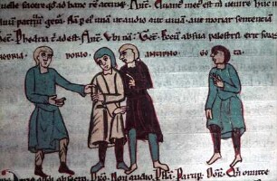 Die Komödien des Terenz — Szene mit vier Figuren im Redegestus