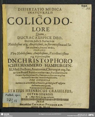 Dissertatio Medica Inavgvralis De Colico Dolore
