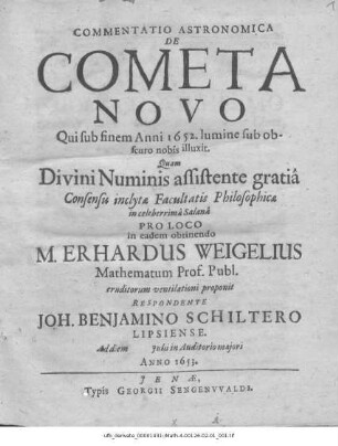 Commentatio Astronomica De Cometa Novo Qui sub finem Anni 1652. lumine sub obscuro nobis illuxit