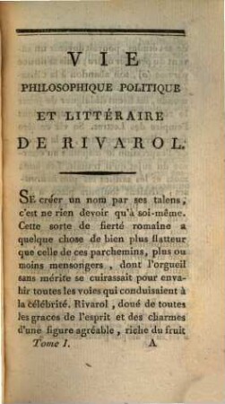 Vie philosophique, politique et littéraire de Rivarol, 1