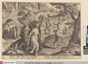 [Frauen und Männer jagen einen Satyr mit Panflöte; The ghost of a wicked satyr hunted by Ethiopians]
