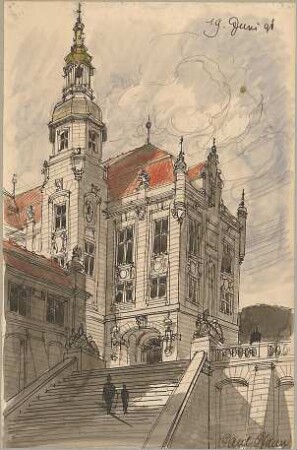 Pfann, Paul; Perspektivische Zeichnungen - Gebäude mit Turm u. Freitreppe (Perspektive)