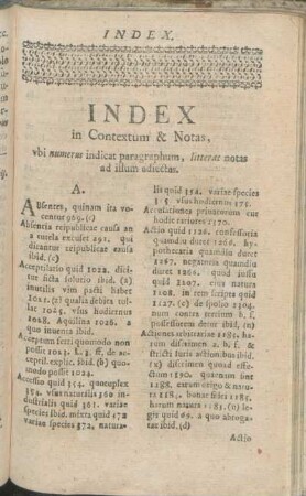 Index in Contextum & Notas, vbi numerus indicat paragraphum, litterae notas ad illum adiectas.