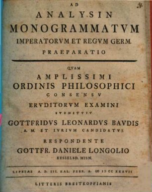 Ad Analysin Monogrammatvm Imperatorvm Et Regvm Germ. Praeparatio