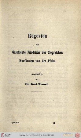 Regesten zur Geschichte Friedrichs des Siegreichen Kurfürsten von der Pfalz
