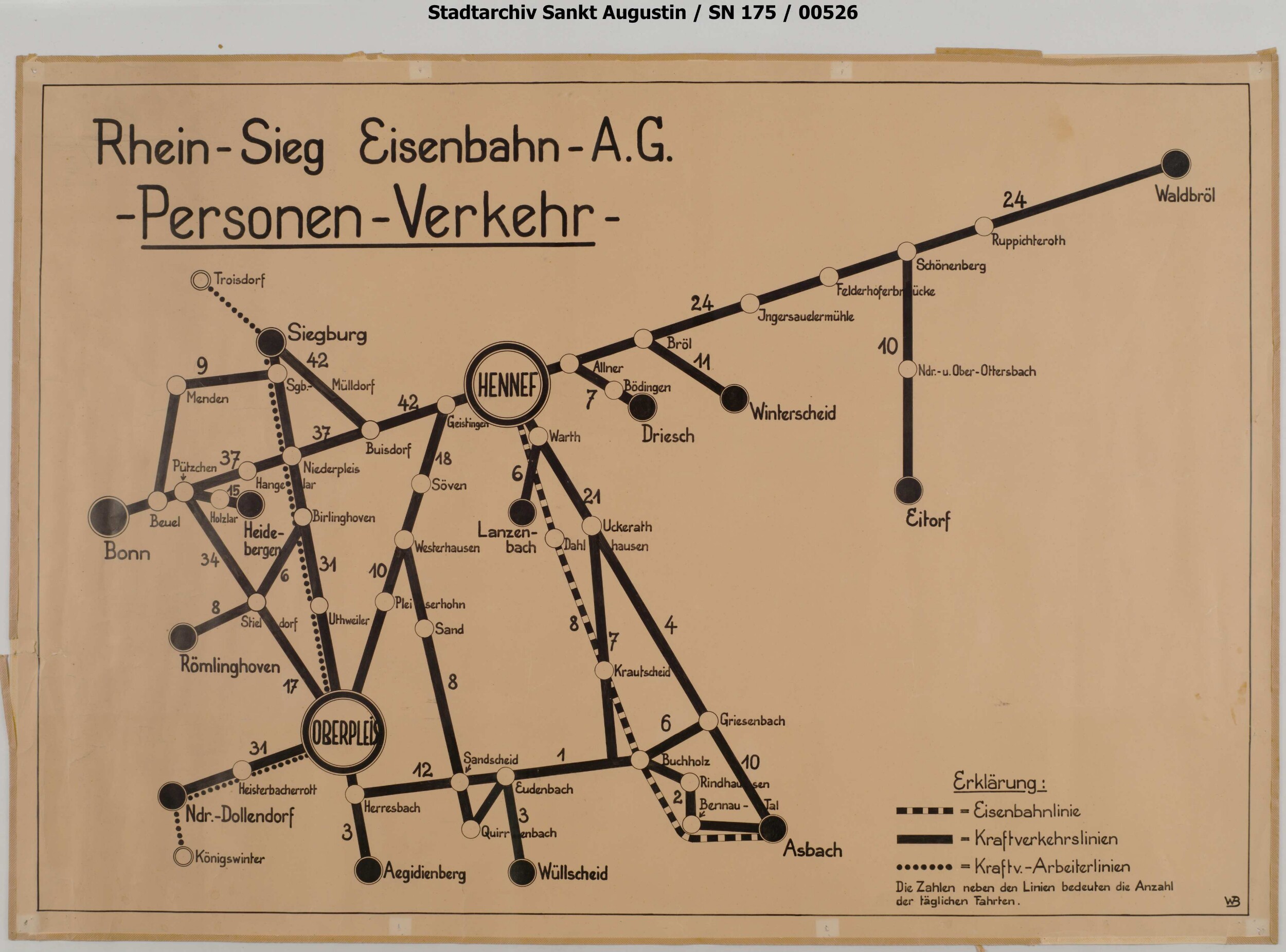 RSE Personenverkehr, Bus- und Bahnliniennetz (ca. 1954 - 1956) | Digitalisierung: Stadtarchiv Sankt Augustin