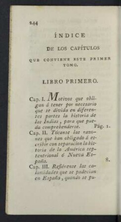 Indice de los capitulos que contenen este primer Tomo.