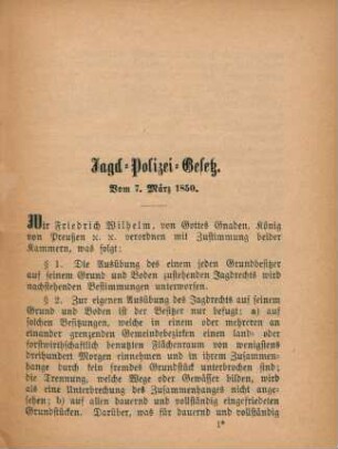 Jagd-Polizei-Gesetz. Vom 7. März 1850.
