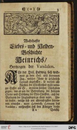 Wahrhaffte Liebes- und Helden-Geschichte Heinrichs / Hertzogen der Vandalen
