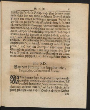 Tit. XIX. Von dem Iuramento suppletorio, Purgatorio, Calumniae und Malitiae.