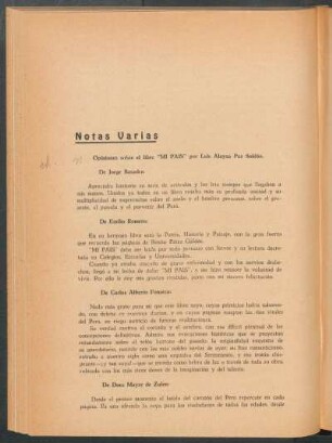 Notas varias - Opiniones sobre el libro "Mi país" por Luis Alayza Paz Soldán