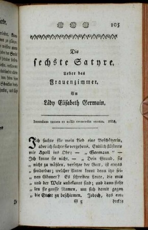 Die sechste Satyre. Ueber das Frauenzimmer. An Lädy Elisabeth Germain.