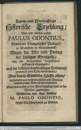Kurtze und Warhafftige Historische Erzehlung