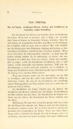 Erste Abtheilung. Was bei Vögeln, vierfüssigen Thieren, Fischen und Schalthieren zu vermeiden, sammt Behandlung.
