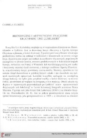 52: Historyczne i artystyczne znaczenie krucyfiksu Unii Lubelskiej : =