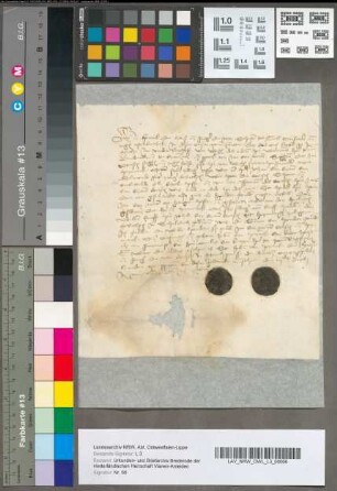 Getuigenis, gegeven voor Schepenen van Tiel, ten verzoeke van Walraven. Heere te Brederode en Vianen, over de betaling van een schuld van wijlen Heere Johan van Vianen van Zelmonde, Ridder, door Cornelis van Bergen Heere van Zevenbergen, 3 Mei 1498. Met stukken van 2 opgedrukte zegels.