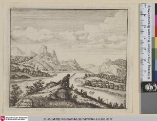 [Bergige Flusslandschaft mit Anglern im Vordergrund]