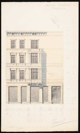 Wohnhäuser Ritterstraße 61-65, Berlin-Kreuzberg: Wohnhaus Knoblauch Nr. 64 (1. Entwurfsphase): Ansicht von der Straßenseite und 2 Fassadenschnitte