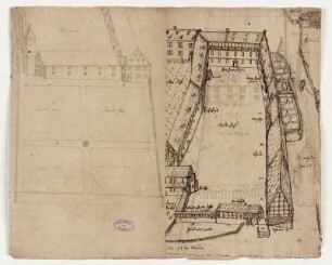 Germerode, ehem. Kloster, Vorhof von Süden (recto), oberer Hof von Osten (verso, links) Ansicht von Westen mit Lustgarten (verso, rechts)