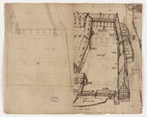 Germerode, ehem. Kloster, Vorhof von Süden (recto), oberer Hof von Osten (verso, links) Ansicht von Westen mit Lustgarten (verso, rechts)