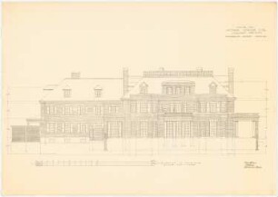 Landsitz Lindenhof, Warnsdorf: Ansicht der Gartenseite 1:50, Maßstabsleiste, Maßangaben