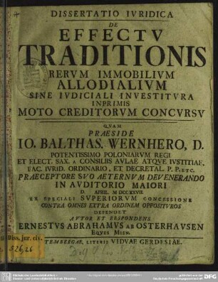 Dissertatio Iuridica De Effectu Traditionis Rerum Immobilium Allodialium Sine Iudiciali Investitura Inprimis Moto Creditorum Concursu