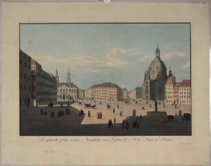 Der Neumarkt in Dresden nach Nordwesten mit dem Johanneum (Stallgebäude, Gemäldegalerie), der Frauenkirche und dem Friedens- oder Türkenbrunnen