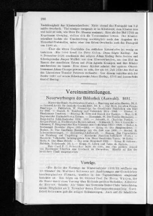 Neuerwerbungen der Bibliothek (Auswahl). 1931.