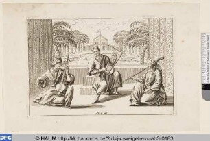 Musizierende und Pfeife rauchende Männer, darunter zwei Orientalen