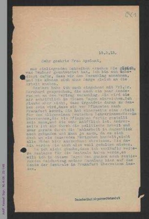 Brief von [Helene Lange] an Jenny Apolant