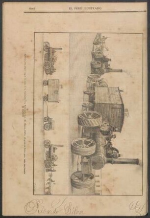 [Vista de un] Aparejo para arar a vapor (camino de la hacienda "La Estrella"). : Foto Mr Mason, Callao. (Agente en Lima para esta maquinaria R. Bartlett).