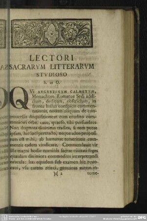 Lectori Sacrarum Litterarum Studioso S. et O.