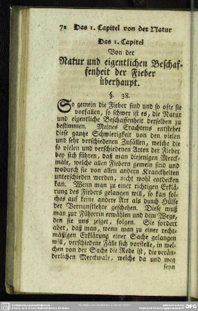 Das 1. Capitel. Von der Natur und eigentlichen Beschaffenheit der Fieber überhaupt