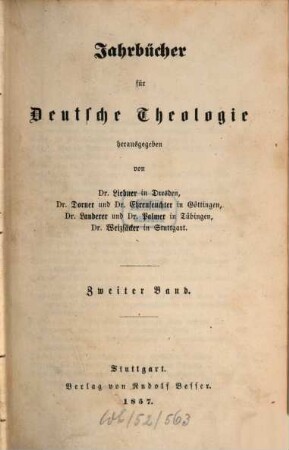 Jahrbücher für deutsche Theologie. 2, 2. 1857